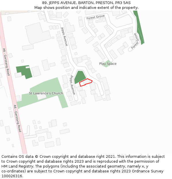 89, JEPPS AVENUE, BARTON, PRESTON, PR3 5AS: Location map and indicative extent of plot