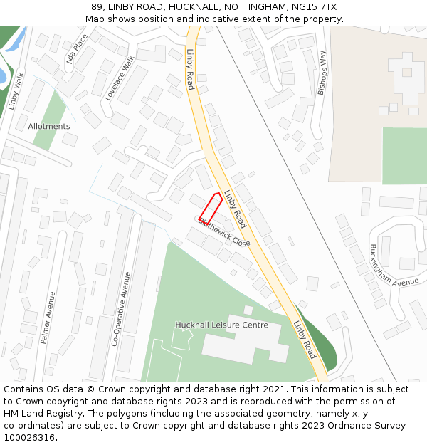 89, LINBY ROAD, HUCKNALL, NOTTINGHAM, NG15 7TX: Location map and indicative extent of plot