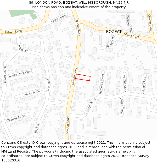 89, LONDON ROAD, BOZEAT, WELLINGBOROUGH, NN29 7JR: Location map and indicative extent of plot