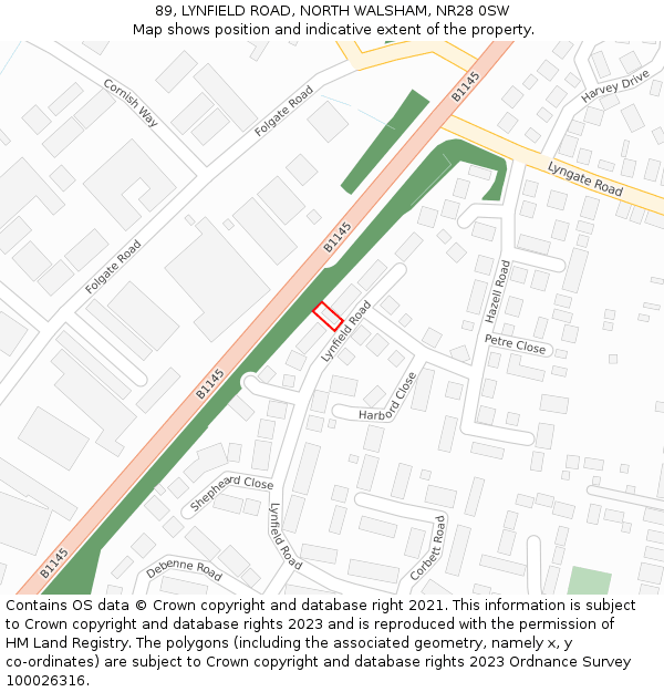 89, LYNFIELD ROAD, NORTH WALSHAM, NR28 0SW: Location map and indicative extent of plot