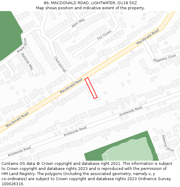 89, MACDONALD ROAD, LIGHTWATER, GU18 5XZ: Location map and indicative extent of plot