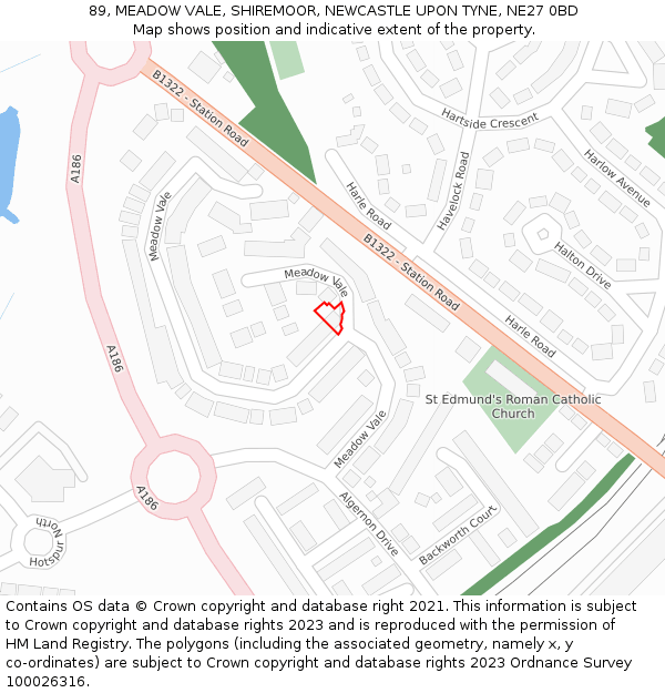 89, MEADOW VALE, SHIREMOOR, NEWCASTLE UPON TYNE, NE27 0BD: Location map and indicative extent of plot