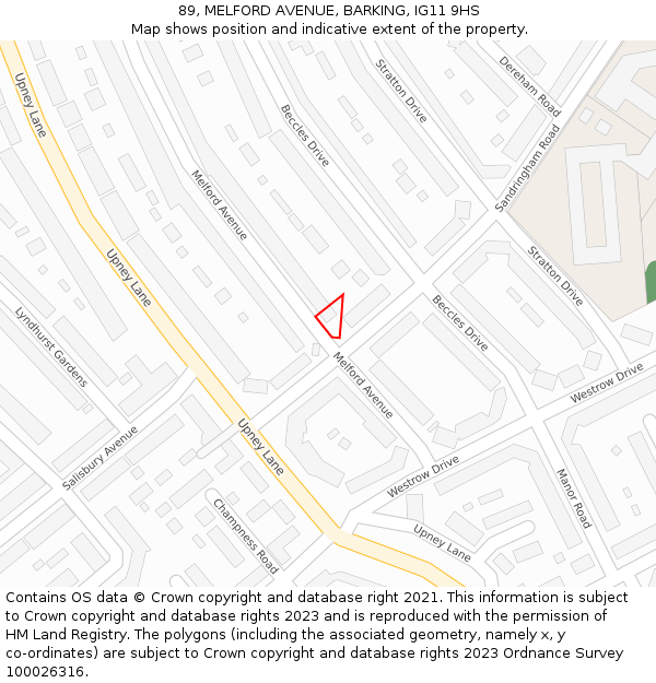 89, MELFORD AVENUE, BARKING, IG11 9HS: Location map and indicative extent of plot