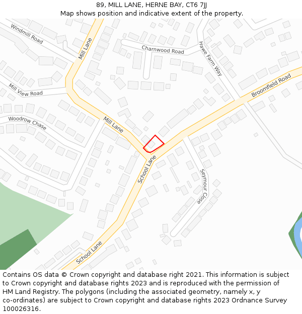 89, MILL LANE, HERNE BAY, CT6 7JJ: Location map and indicative extent of plot