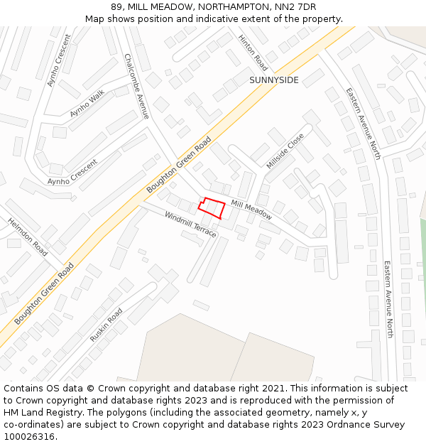 89, MILL MEADOW, NORTHAMPTON, NN2 7DR: Location map and indicative extent of plot