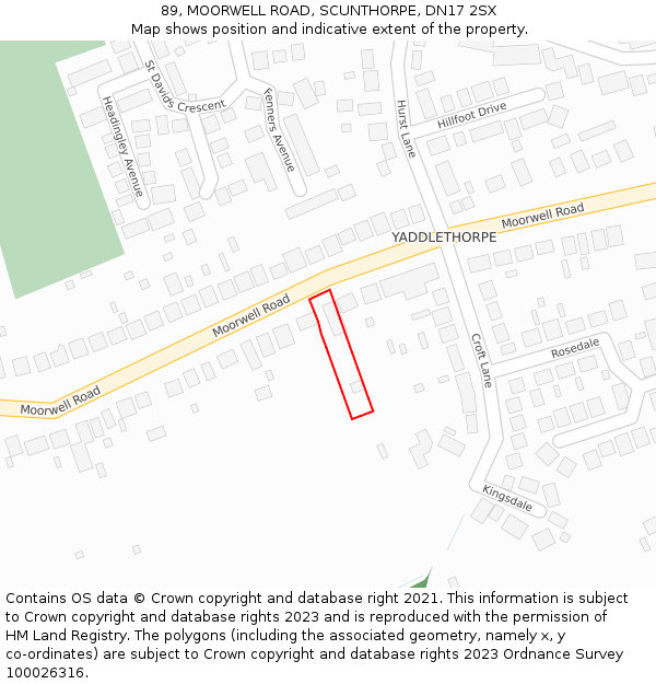 89, MOORWELL ROAD, SCUNTHORPE, DN17 2SX: Location map and indicative extent of plot