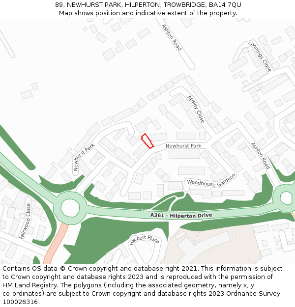 89, NEWHURST PARK, HILPERTON, TROWBRIDGE, BA14 7QU: Location map and indicative extent of plot