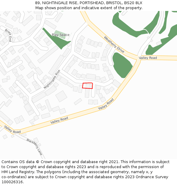 89, NIGHTINGALE RISE, PORTISHEAD, BRISTOL, BS20 8LX: Location map and indicative extent of plot