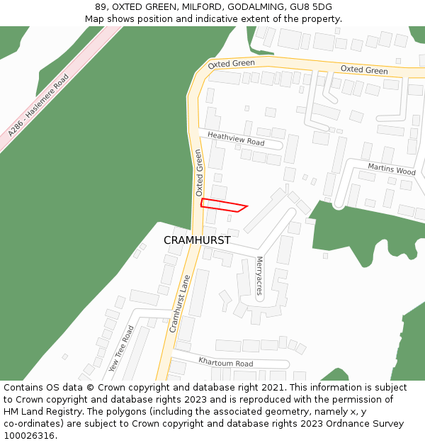 89, OXTED GREEN, MILFORD, GODALMING, GU8 5DG: Location map and indicative extent of plot