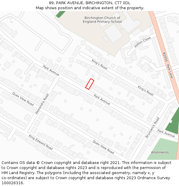 89, PARK AVENUE, BIRCHINGTON, CT7 0DL: Location map and indicative extent of plot