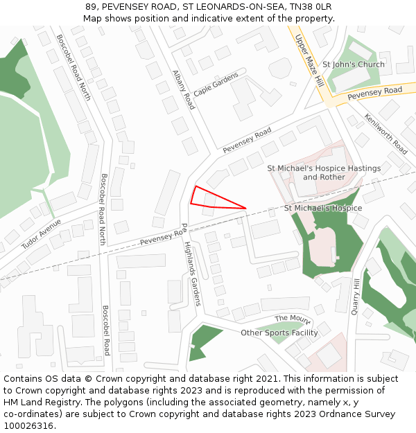 89, PEVENSEY ROAD, ST LEONARDS-ON-SEA, TN38 0LR: Location map and indicative extent of plot