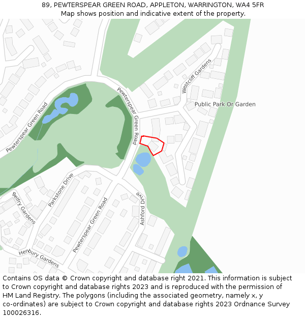 89, PEWTERSPEAR GREEN ROAD, APPLETON, WARRINGTON, WA4 5FR: Location map and indicative extent of plot