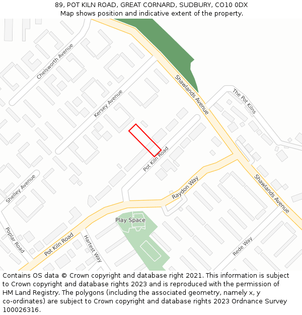 89, POT KILN ROAD, GREAT CORNARD, SUDBURY, CO10 0DX: Location map and indicative extent of plot