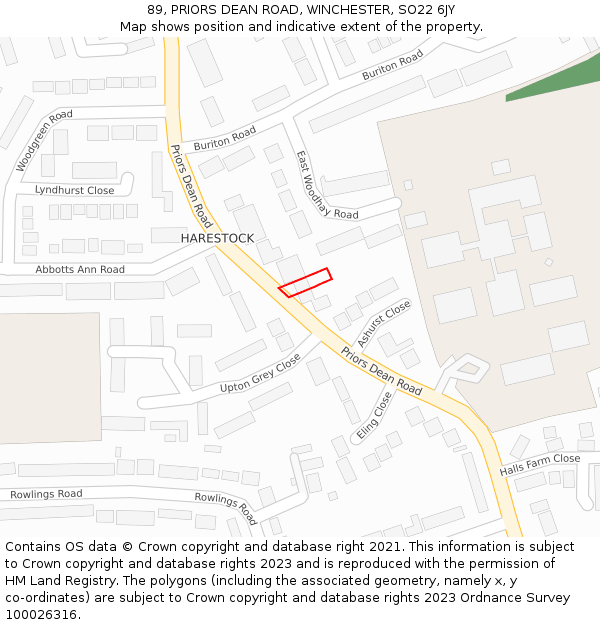 89, PRIORS DEAN ROAD, WINCHESTER, SO22 6JY: Location map and indicative extent of plot