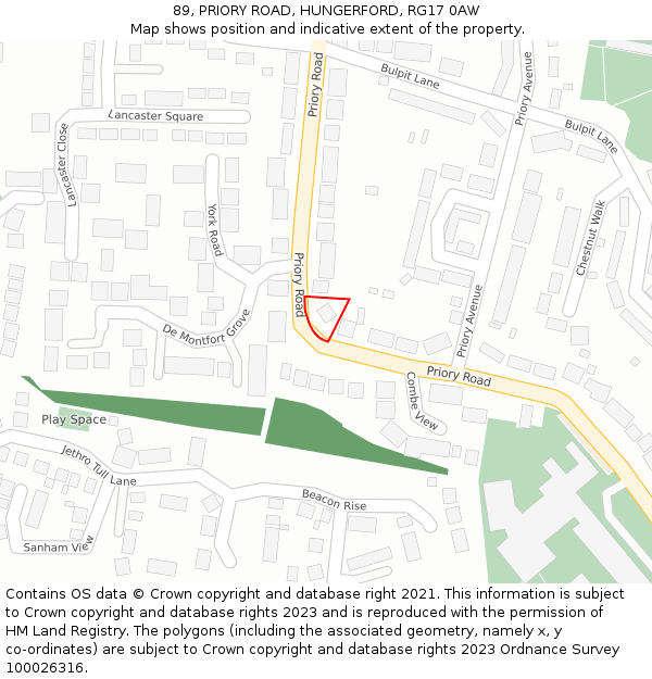 89, PRIORY ROAD, HUNGERFORD, RG17 0AW: Location map and indicative extent of plot