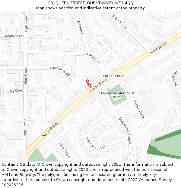 89, QUEEN STREET, BURNTWOOD, WS7 4QQ: Location map and indicative extent of plot