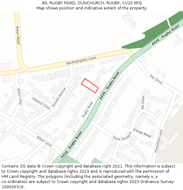 89, RUGBY ROAD, DUNCHURCH, RUGBY, CV22 6PQ: Location map and indicative extent of plot