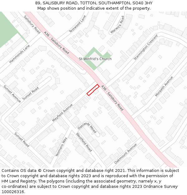 89, SALISBURY ROAD, TOTTON, SOUTHAMPTON, SO40 3HY: Location map and indicative extent of plot