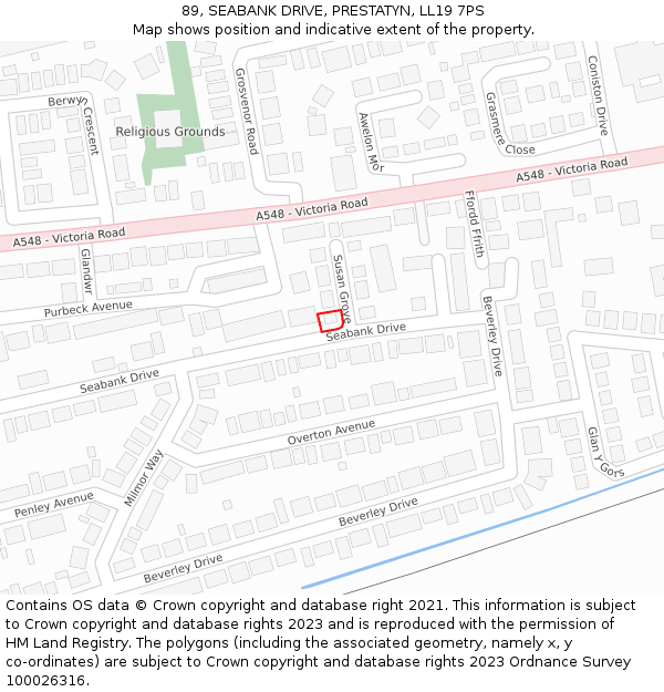 89, SEABANK DRIVE, PRESTATYN, LL19 7PS: Location map and indicative extent of plot