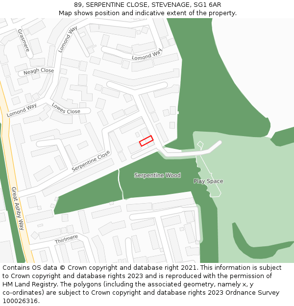 89, SERPENTINE CLOSE, STEVENAGE, SG1 6AR: Location map and indicative extent of plot