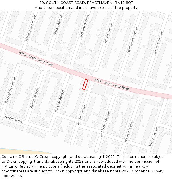 89, SOUTH COAST ROAD, PEACEHAVEN, BN10 8QT: Location map and indicative extent of plot