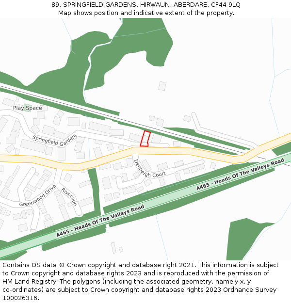 89, SPRINGFIELD GARDENS, HIRWAUN, ABERDARE, CF44 9LQ: Location map and indicative extent of plot