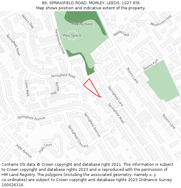 89, SPRINGFIELD ROAD, MORLEY, LEEDS, LS27 9TA: Location map and indicative extent of plot