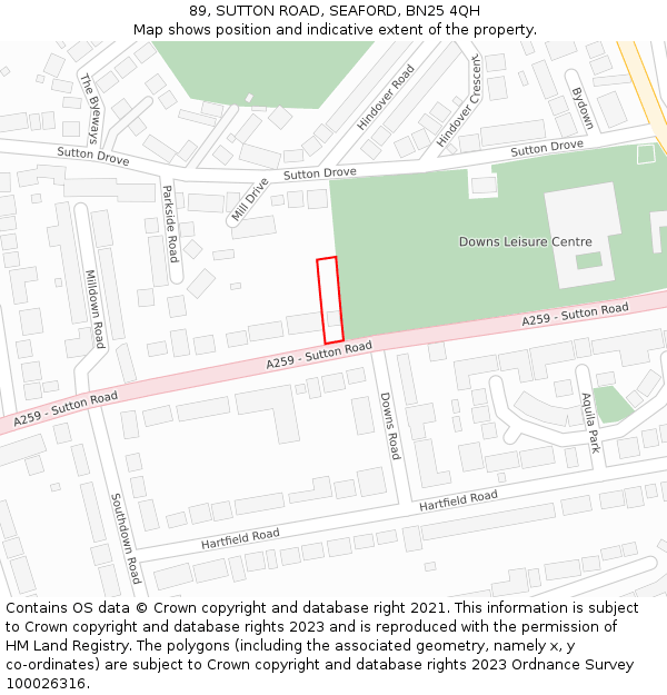 89, SUTTON ROAD, SEAFORD, BN25 4QH: Location map and indicative extent of plot