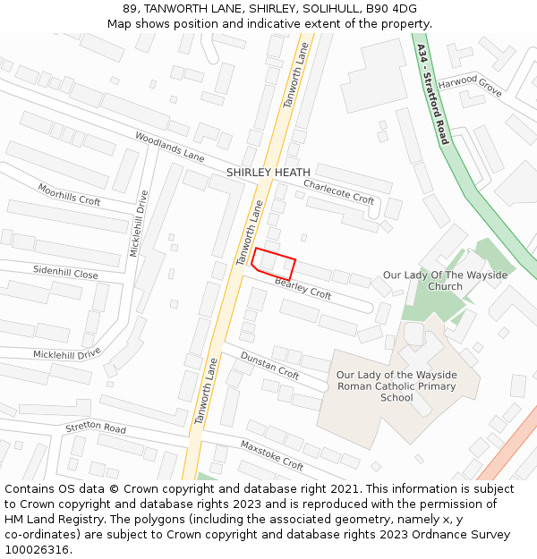 89, TANWORTH LANE, SHIRLEY, SOLIHULL, B90 4DG: Location map and indicative extent of plot