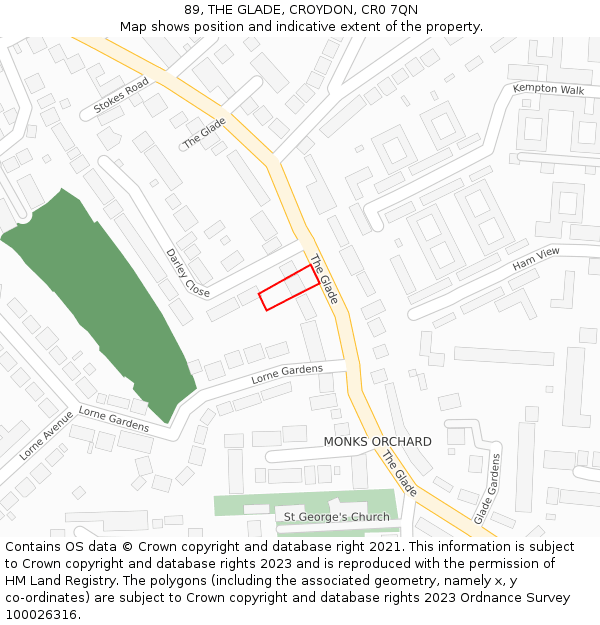 89, THE GLADE, CROYDON, CR0 7QN: Location map and indicative extent of plot