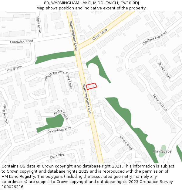 89, WARMINGHAM LANE, MIDDLEWICH, CW10 0DJ: Location map and indicative extent of plot