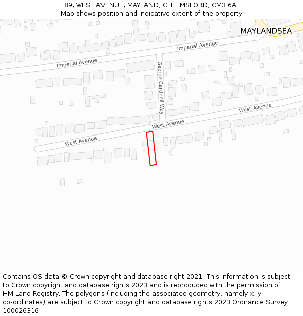 89, WEST AVENUE, MAYLAND, CHELMSFORD, CM3 6AE: Location map and indicative extent of plot