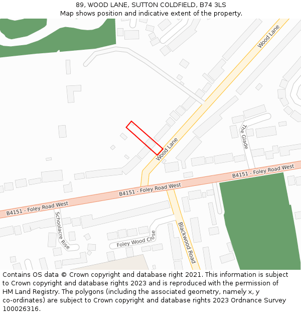 89, WOOD LANE, SUTTON COLDFIELD, B74 3LS: Location map and indicative extent of plot
