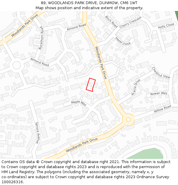 89, WOODLANDS PARK DRIVE, DUNMOW, CM6 1WT: Location map and indicative extent of plot