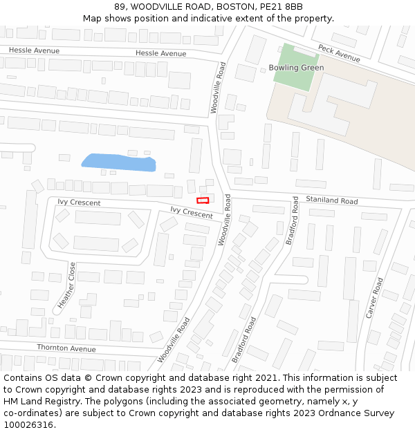 89, WOODVILLE ROAD, BOSTON, PE21 8BB: Location map and indicative extent of plot