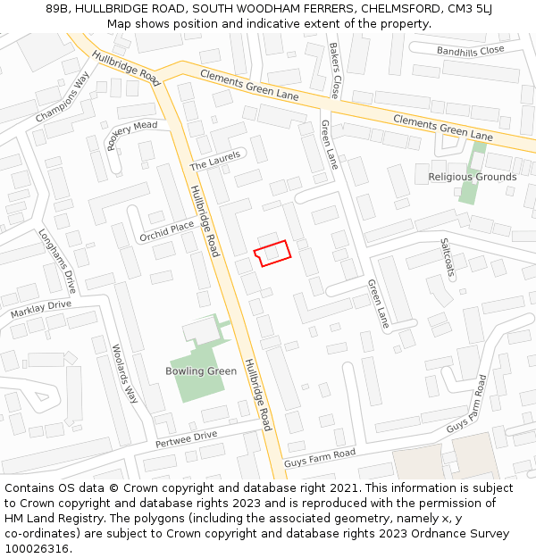 89B, HULLBRIDGE ROAD, SOUTH WOODHAM FERRERS, CHELMSFORD, CM3 5LJ: Location map and indicative extent of plot