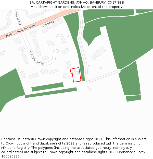 8A, CARTWRIGHT GARDENS, AYNHO, BANBURY, OX17 3BB: Location map and indicative extent of plot