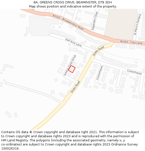 8A, GREENS CROSS DRIVE, BEAMINSTER, DT8 3DH: Location map and indicative extent of plot