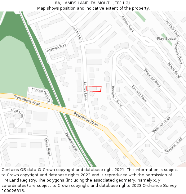 8A, LAMBS LANE, FALMOUTH, TR11 2JL: Location map and indicative extent of plot