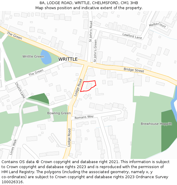 8A, LODGE ROAD, WRITTLE, CHELMSFORD, CM1 3HB: Location map and indicative extent of plot