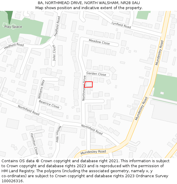 8A, NORTHMEAD DRIVE, NORTH WALSHAM, NR28 0AU: Location map and indicative extent of plot