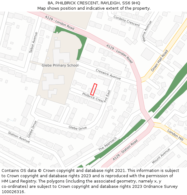 8A, PHILBRICK CRESCENT, RAYLEIGH, SS6 9HQ: Location map and indicative extent of plot