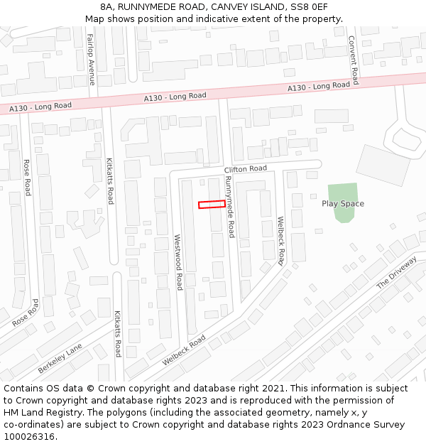 8A, RUNNYMEDE ROAD, CANVEY ISLAND, SS8 0EF: Location map and indicative extent of plot