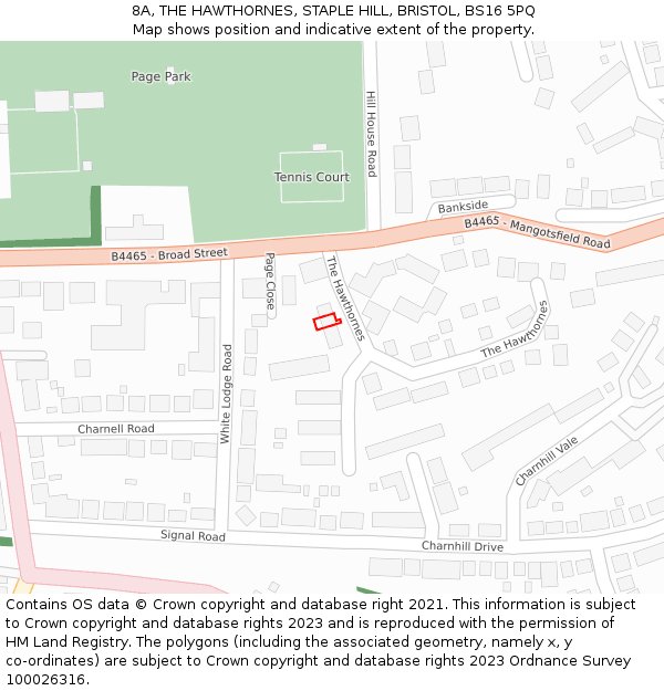 8A, THE HAWTHORNES, STAPLE HILL, BRISTOL, BS16 5PQ: Location map and indicative extent of plot