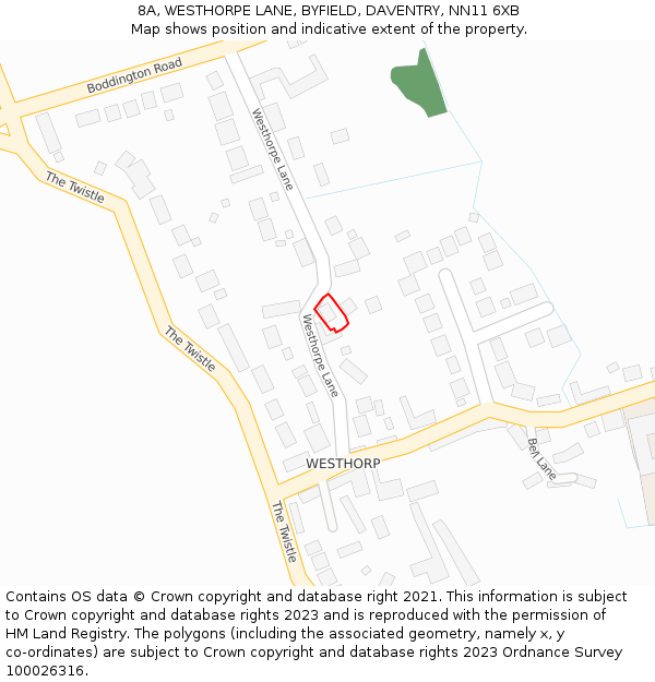 8A, WESTHORPE LANE, BYFIELD, DAVENTRY, NN11 6XB: Location map and indicative extent of plot