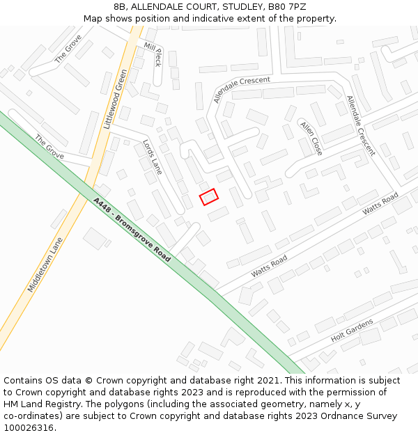 8B, ALLENDALE COURT, STUDLEY, B80 7PZ: Location map and indicative extent of plot