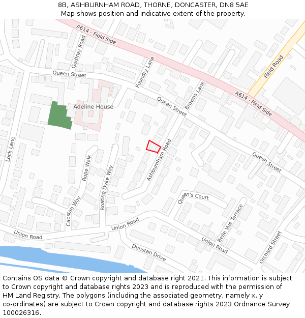 8B, ASHBURNHAM ROAD, THORNE, DONCASTER, DN8 5AE: Location map and indicative extent of plot