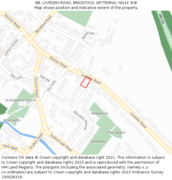 8B, LYVEDEN ROAD, BRIGSTOCK, KETTERING, NN14 3HE: Location map and indicative extent of plot