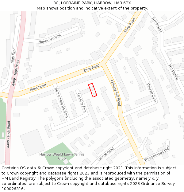 8C, LORRAINE PARK, HARROW, HA3 6BX: Location map and indicative extent of plot