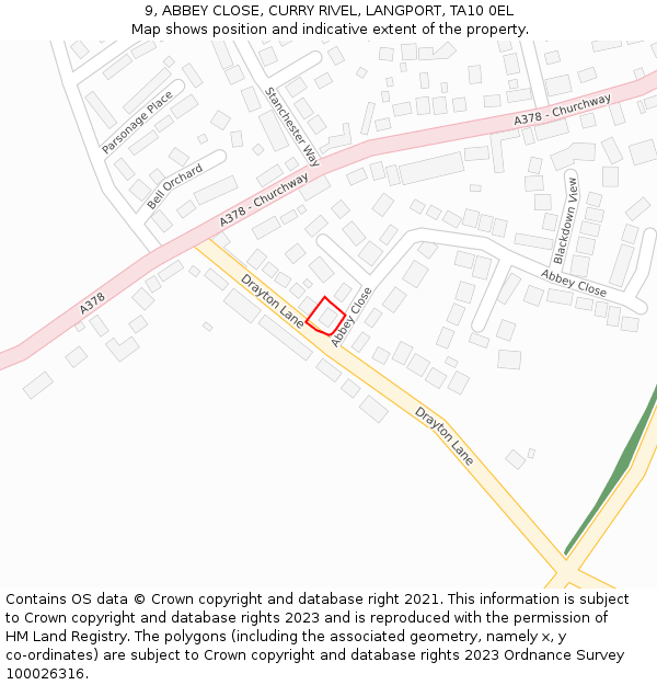 9, ABBEY CLOSE, CURRY RIVEL, LANGPORT, TA10 0EL: Location map and indicative extent of plot